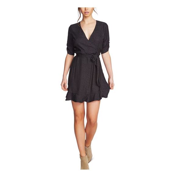 1. STATE Dresses & Skirts - 1. STATE Womens Black Short Sleeve V Neck Above The Knee Faux Wrap Dress 2